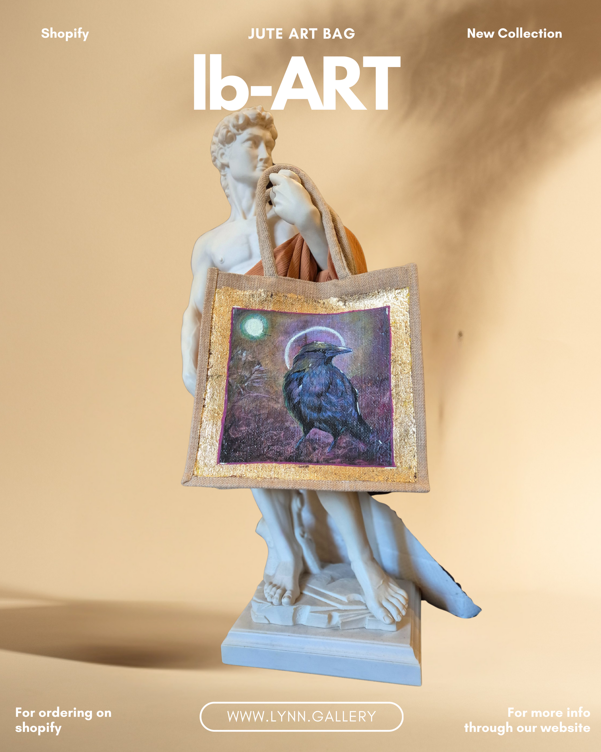 Statue of David holding a jute art bag with a crow  bird design against a night time background, featuring Ib-ART branding.