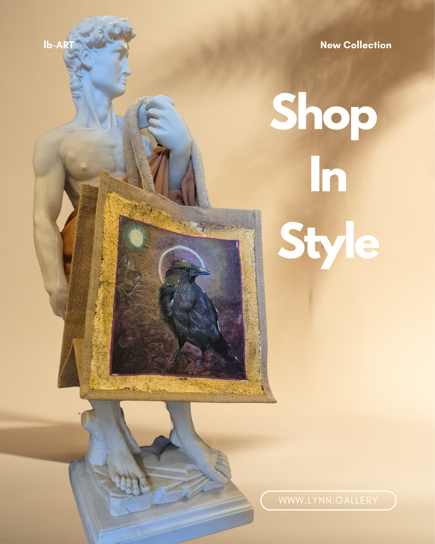 Statue holding a painting with 'Shop In Style' text and gallery website on beige background